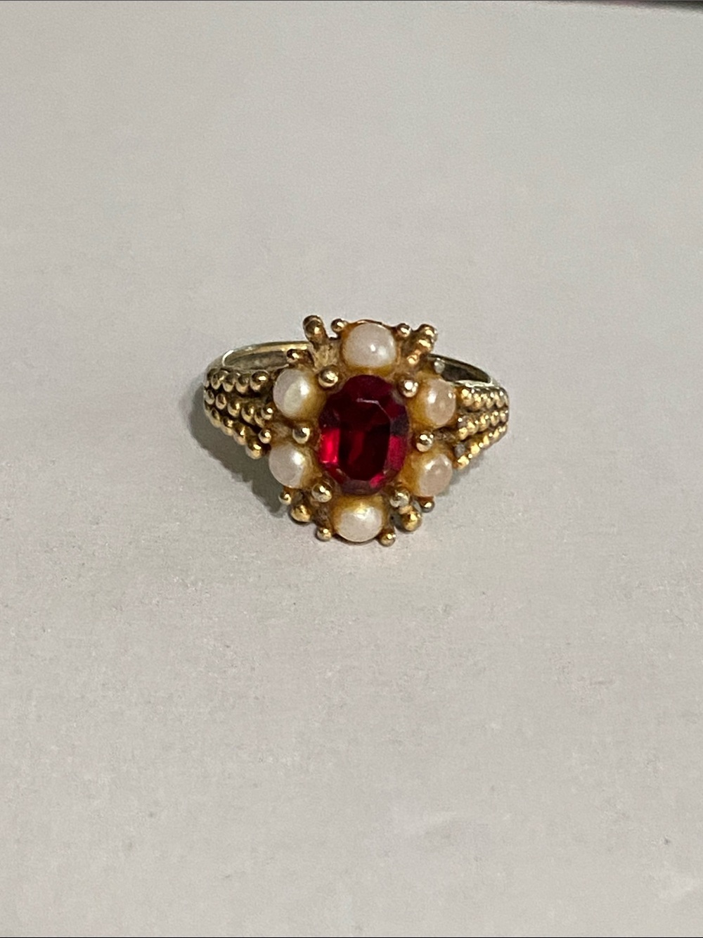 Gold Pearl Halo Ring with Red Center Stone - Picture 2 of 4